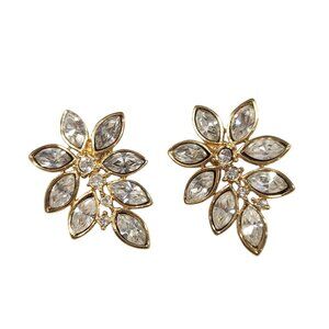 Vintage Gold-Tone Floral Crystal Stud Earrings With Clear Rhinestones
